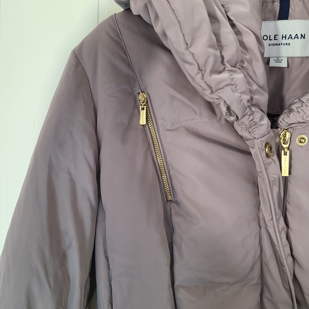 Cole Haan Puffer Coat Women's Large Oversized Collar Belted Long Down Filled - Picture 5 of 16